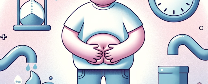 Illustration of a cartoonish human figure with a bloated belly, holding their stomach with a concerned expression. Around them, there are symbols like
